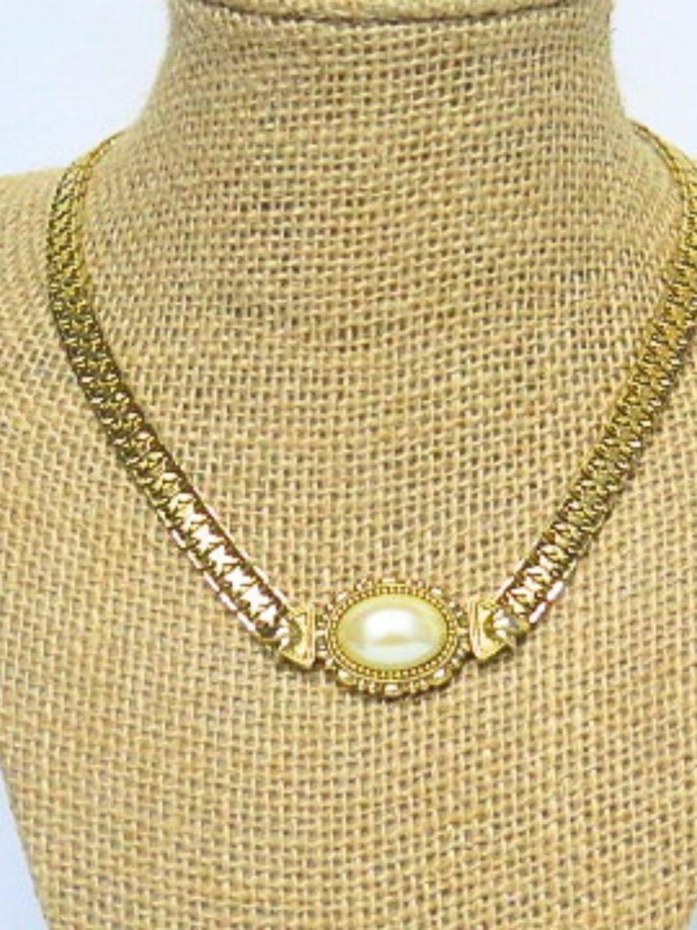 Vintage Estate Gold Tone Faux Pearl Cabochon Chain Statement Necklace